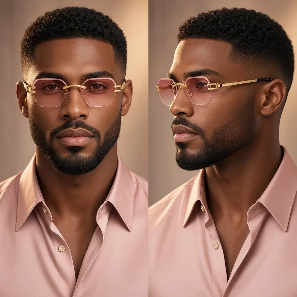Men Sunglasses Pink Lens Rimless Diamond Cut Gold Frame UV400 Protect Hip Hop